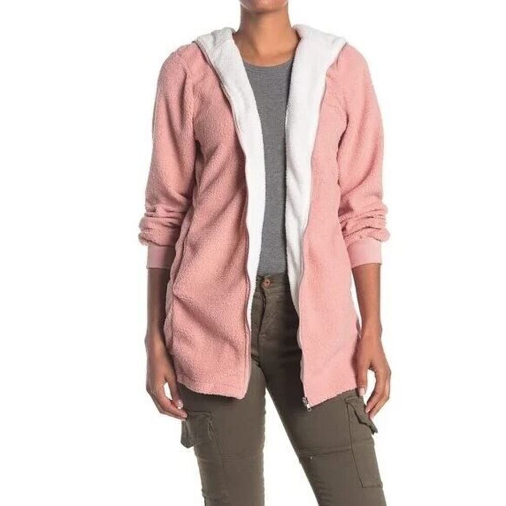 Forgotten Grace Women's Cozy Contrast Hooded Full Zip Teddy Jacket‎ Blush Large